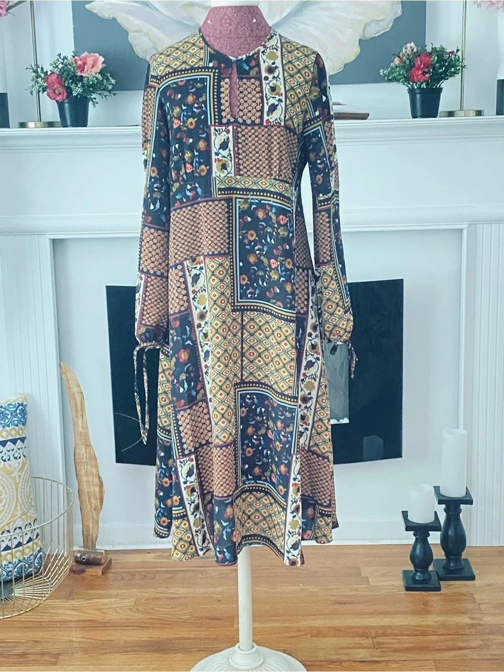 Zara Patchwork Floral Midi Dress in Mustard and Navy